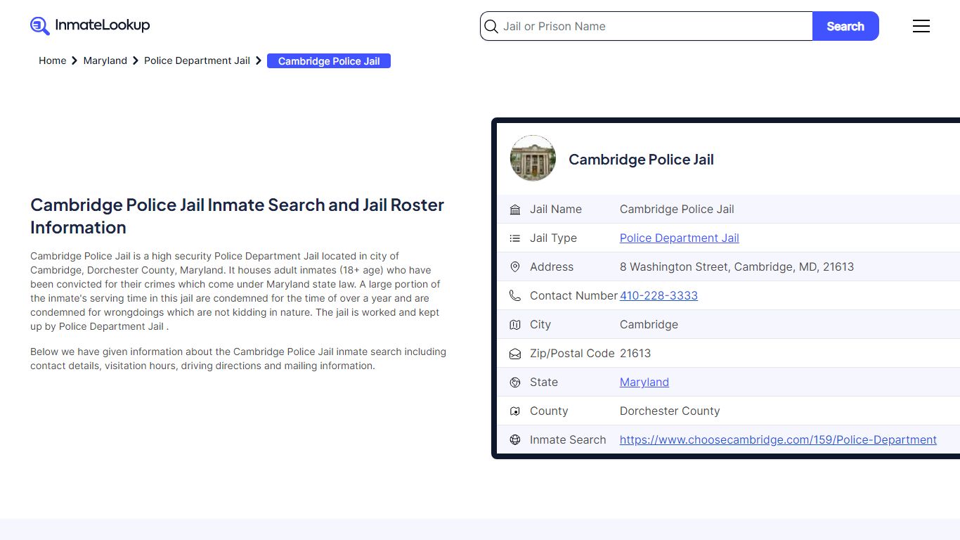 Cambridge Police Jail (MD) Inmate Search Maryland - Inmate Lookup